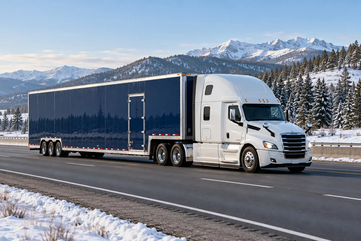 An enclosed transport truck on a cleared winter highway with snow-covered trees and mountains beyond.