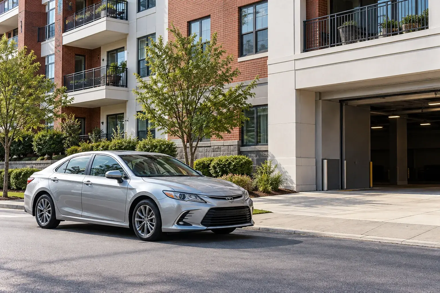 A silver sedan parked beside an apartment building and its garage entrance.