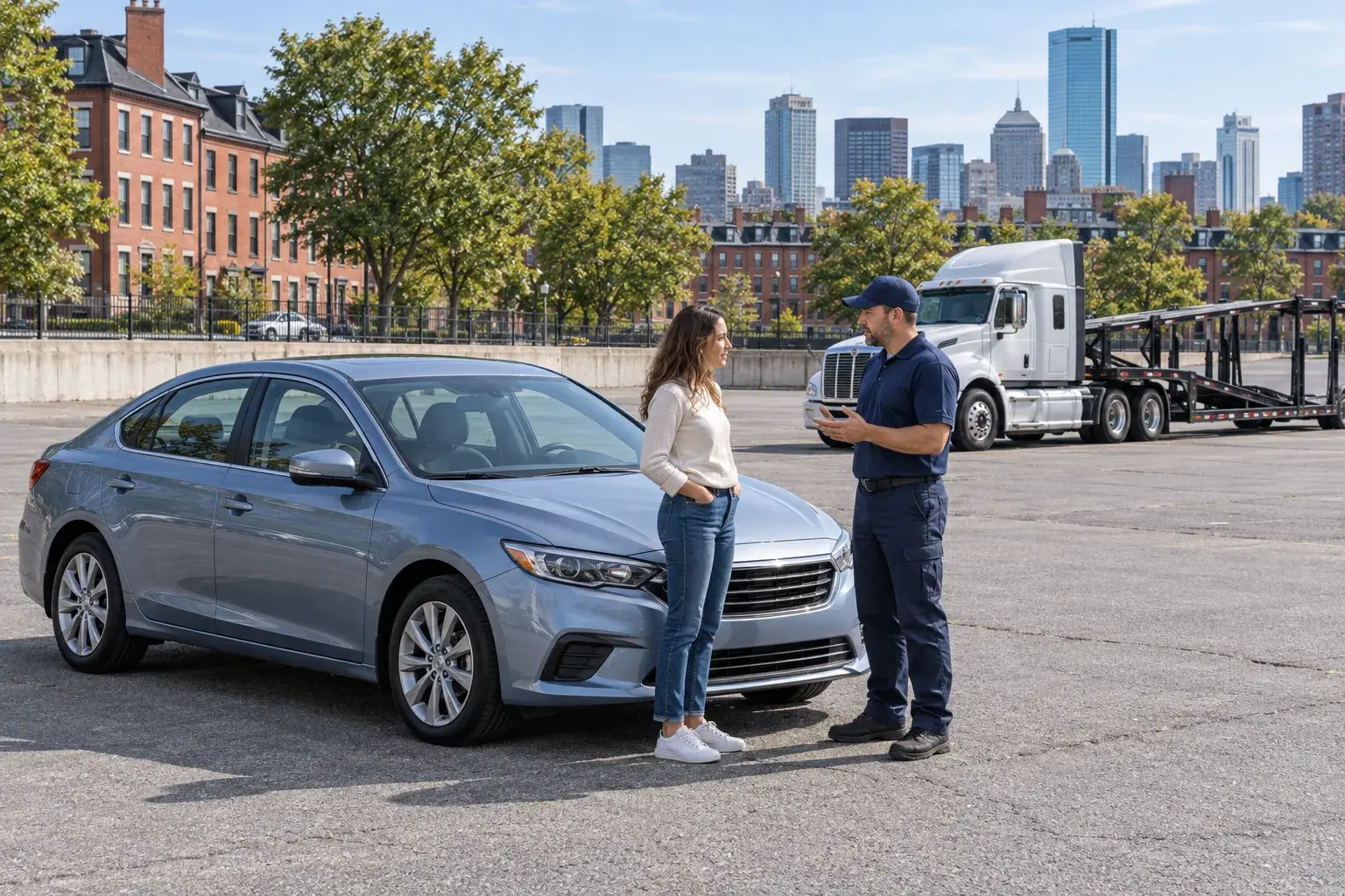 A customer and coordinator beside a parked sedan in an off-street lot near brick buildings and a city skyline.