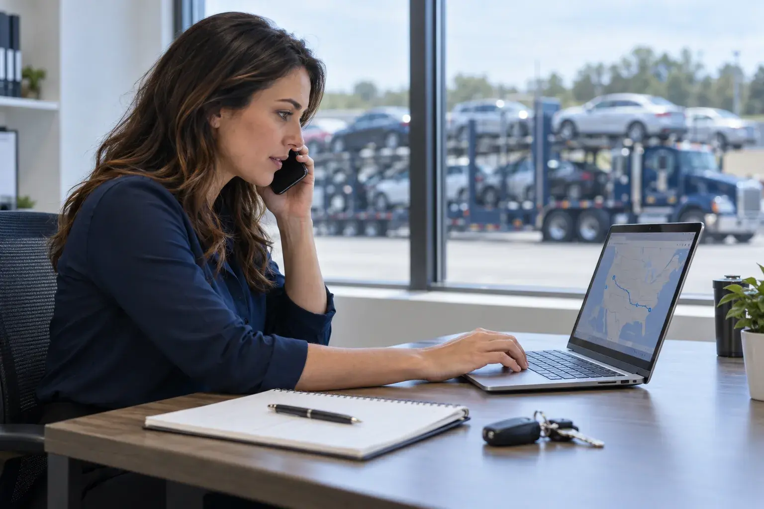 A transport coordinator reviewing route information at a desk while speaking by phone.