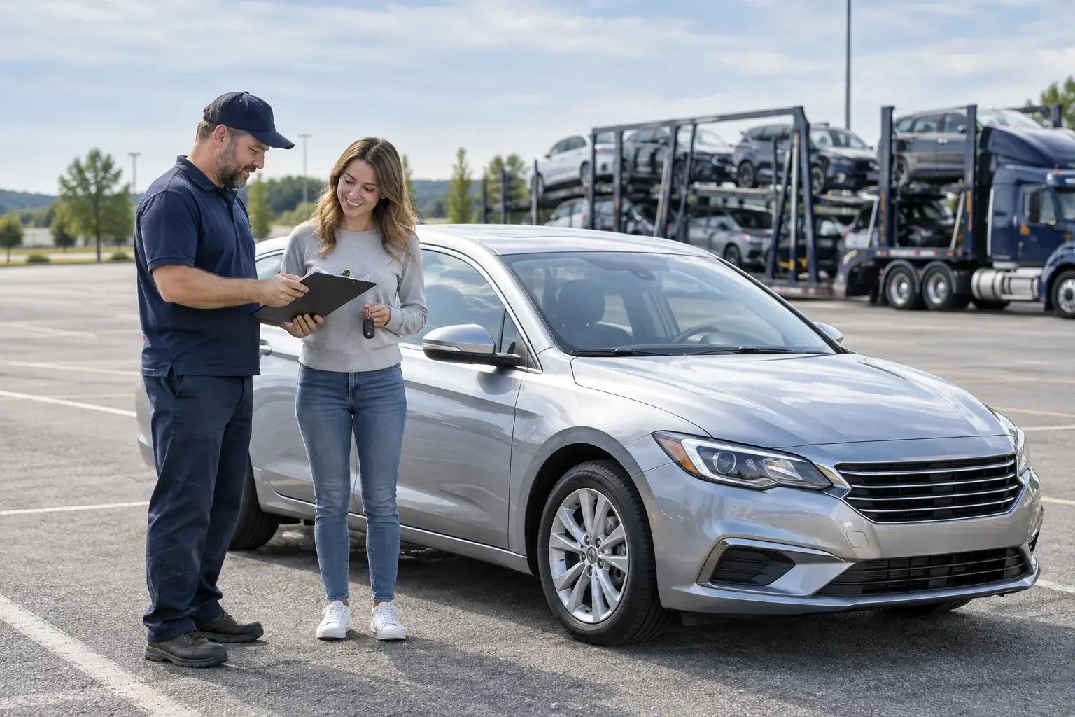 A customer and driver discussing a clipboard beside a parked sedan in a wide pickup area.