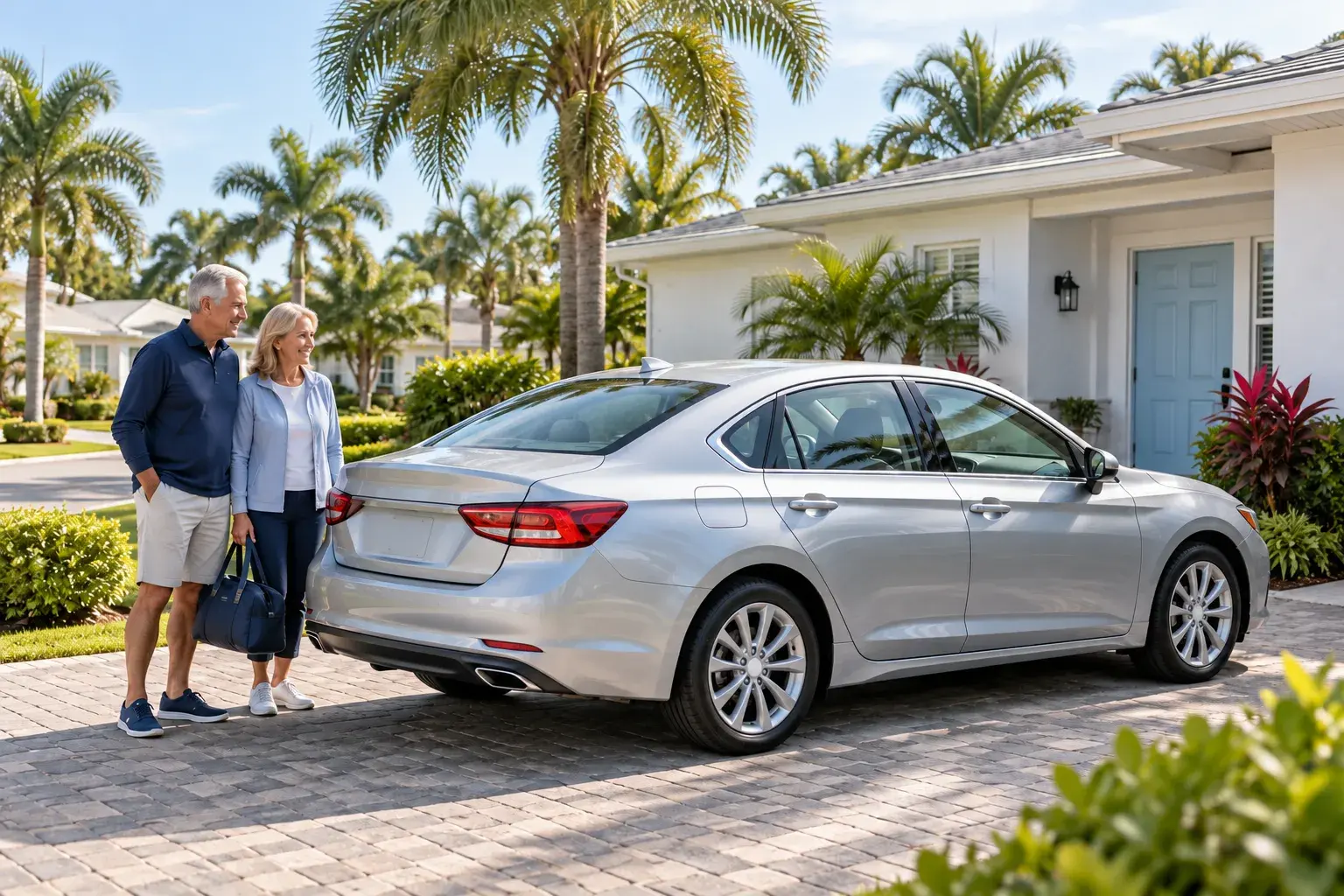 An older couple beside a silver sedan in the driveway of a white Florida-style home surrounded by palm trees.