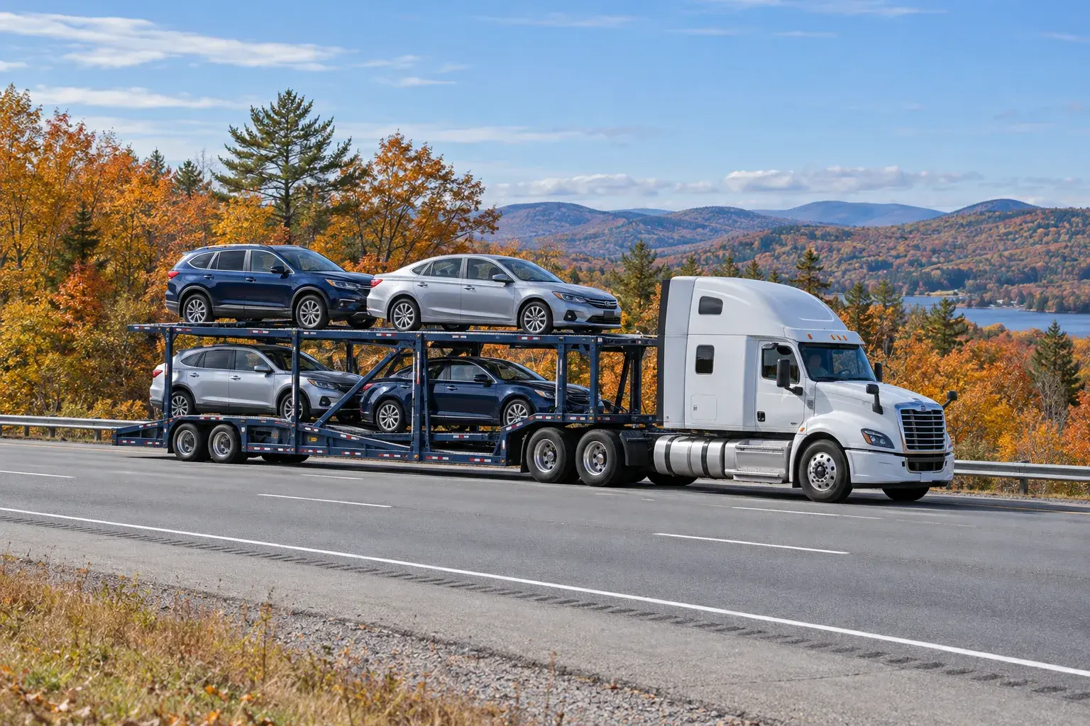 A white car-hauler truck carrying four vehicles past hills covered in orange and gold autumn trees.