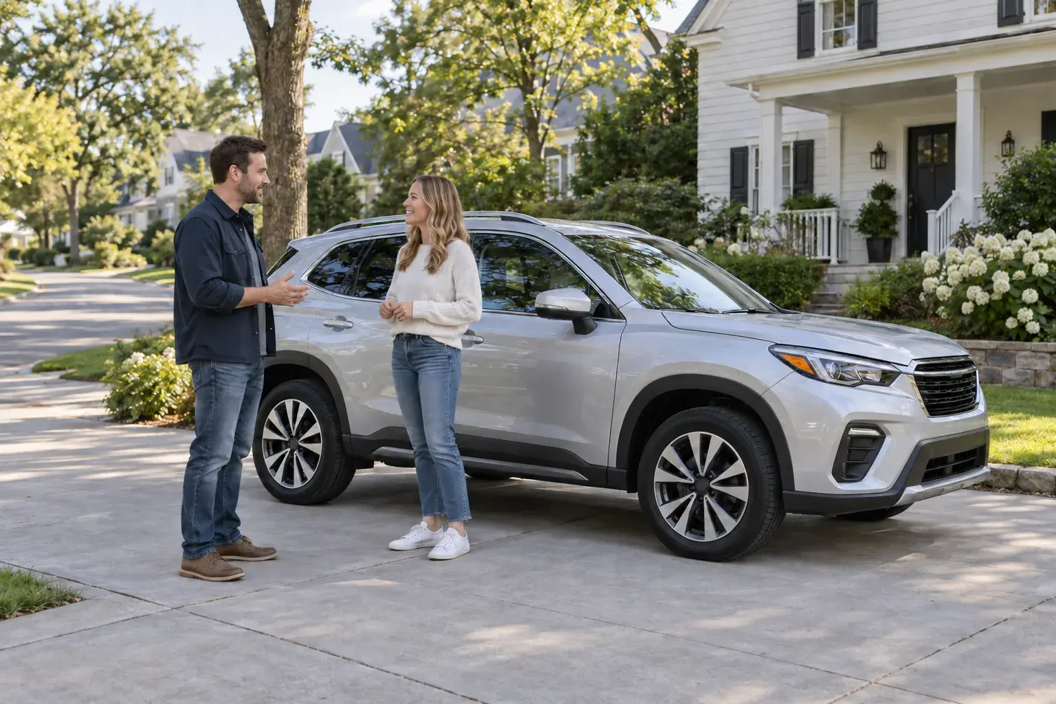 A coordinator and customer talk beside a parked silver SUV on a residential driveway.