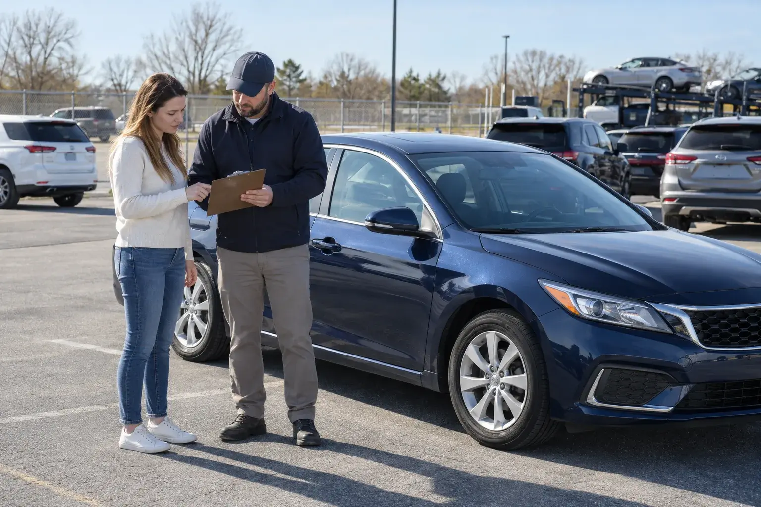 Two adults reviewing a clipboard beside a parked sedan in a paved vehicle lot.