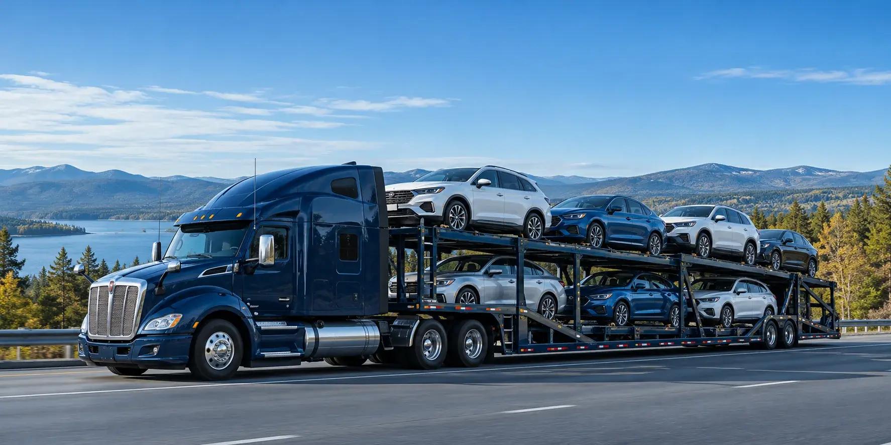 Illustration of a car carrier traveling along an open road.